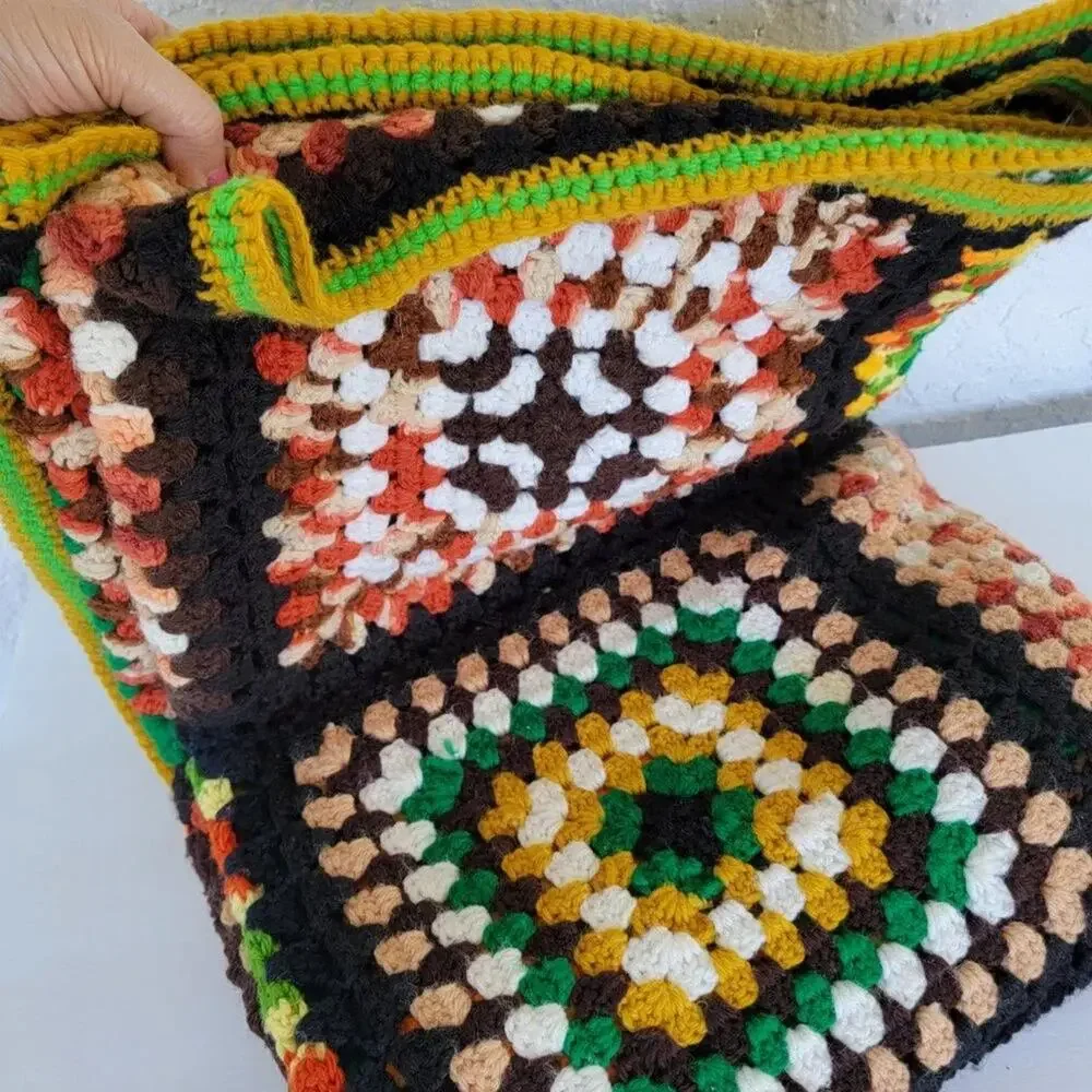 Vintage Handmade Crochet Granny Square Blanket Multicolor 53 x 75 Cozy Throw